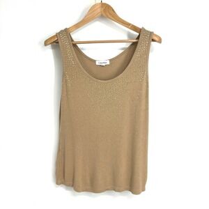 Calvin Klein Tank Top Womens Size L Tan Gold Embellishment Sleeveless‎ Stretch